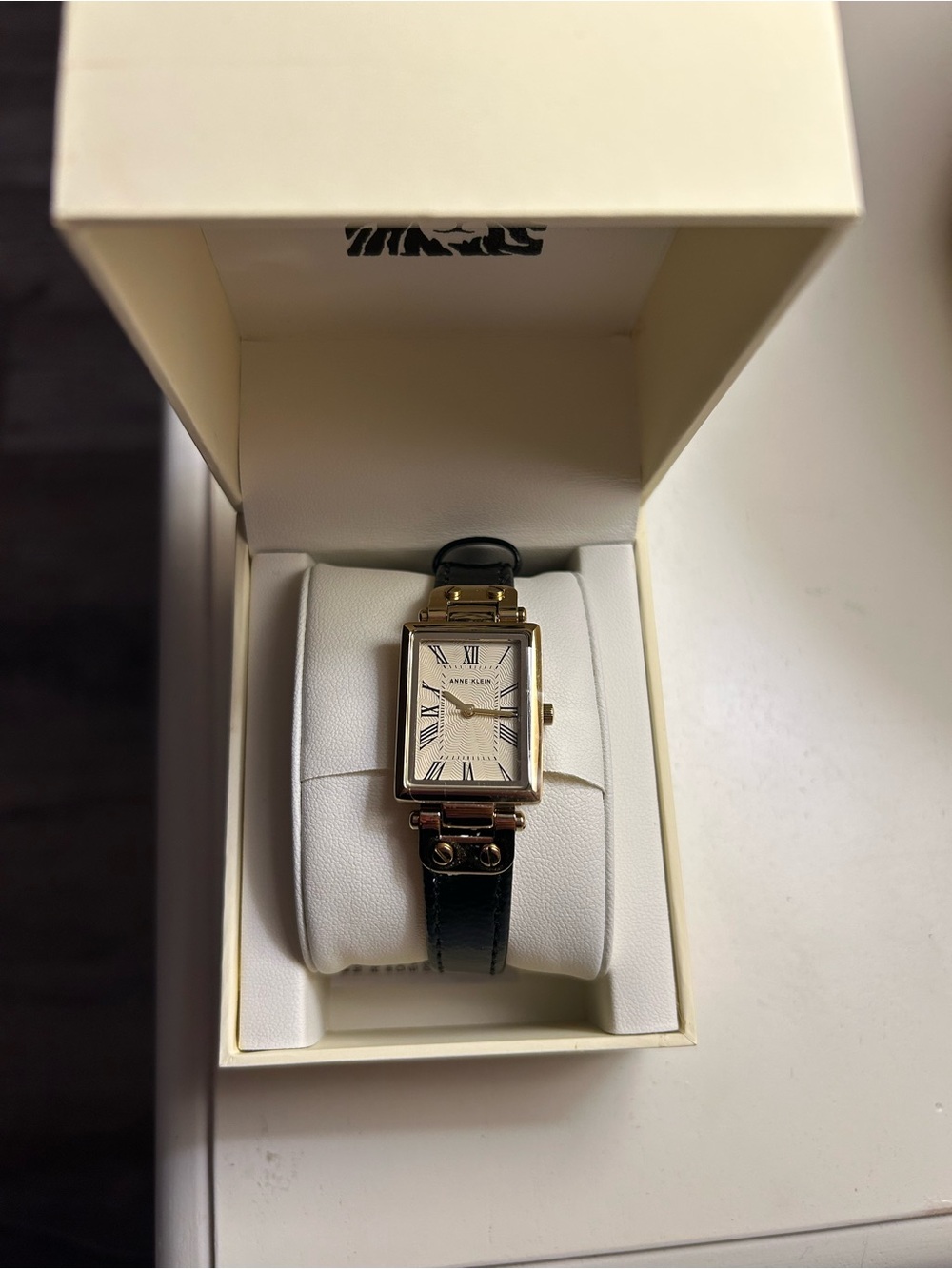 Anne Klein Black Strap Gold-Tone Rectangular Dress Watch